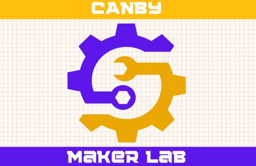 Image of a two-color gear in purple and yellow. Words Canby Maker Lab
