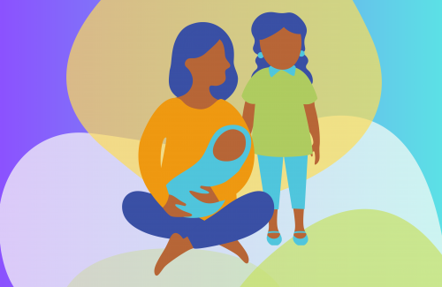 image of mom holding baby with her toddler standing to the right of her