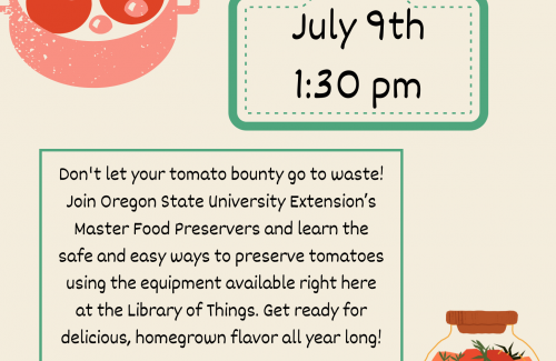Cream background with illustrations of hand placing tomatoes into put of boiling water and glass jar of canned tomatoes 