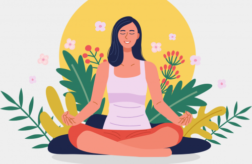 image woman with eyes closed meditating and surrounded by green plants and flowers