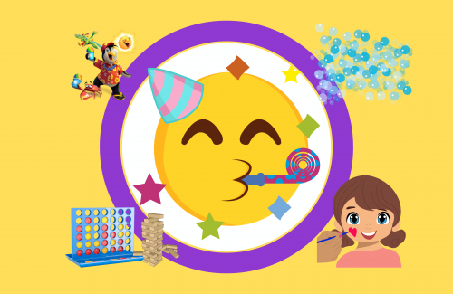 image bright yellow background with celebrating emoji bubbles penguin with snow cone and games