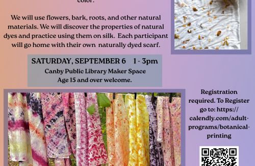 Colorful flyer with class description and 2 images of naturally dyed silk scarves.