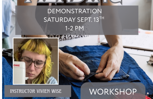 Flyer about visible mending . Person using hand sewing method to do repairs.