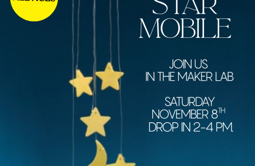 Glow in the dark star mobile maker lab Blue background with yellow stars and moon.