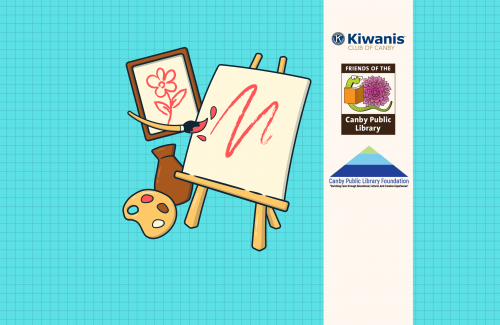 Image of canvas with other various art supplies and library support group logos.