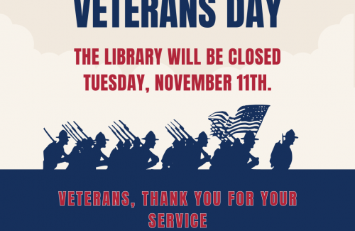 tan background with blue silhouette of soldiers marching. text veterans thank you for your service
