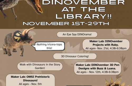 brown background with dinos telling jokes. T-rex at the top. triceratops: nothing triceratops this. pterodactyl: Dino-mite. 