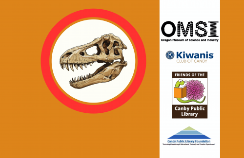 image of t-rex skull, logos of library support groups, OMSI