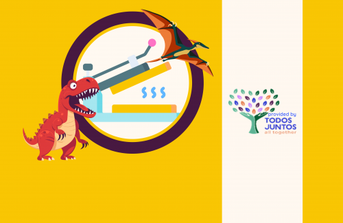 Picture of heat press with T-rex and Pterosaur and Todos Juntos Logo.