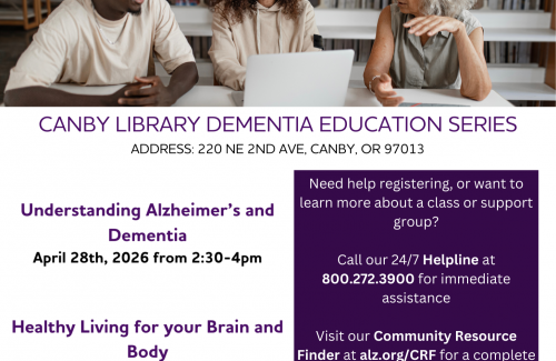alzheimer's association logo on purple banner group of three people smile and talk while examining info on a laptop screen
