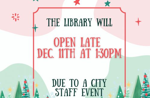 background with cute illustrated trees in green, red, and white at the bottom and green and red stars and sparkles at the top