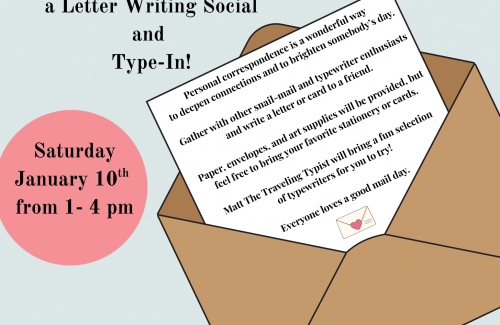 flyer announcing letter writing event with images of a typewriter and mailbox