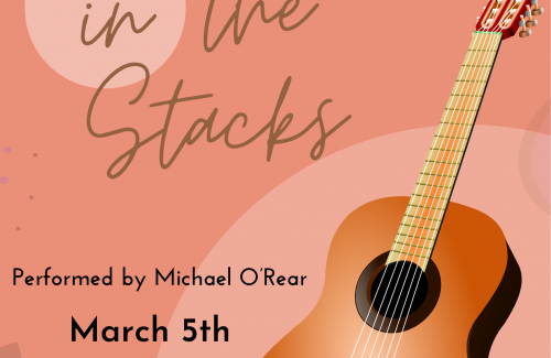 Apricot background with faint music notes dancing around the edges highlighting a illustration of a guitar