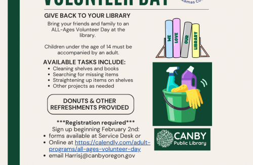 All ages volunteer day flyer on tan and green background