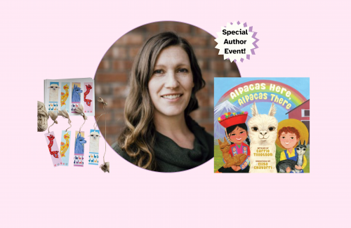 image if author, Carrie Wales Tillitson, image of alpaca bookmarkers and book cover for alpacas here, alpacas there book