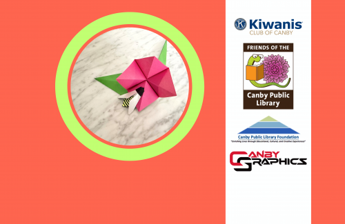 Image of origami flower and bee and support group logos.