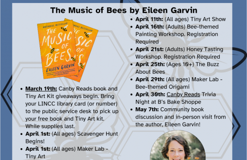 Blue background with black honeycomb line design and a photo of Music of Bees cover and of author Eileen Garvin