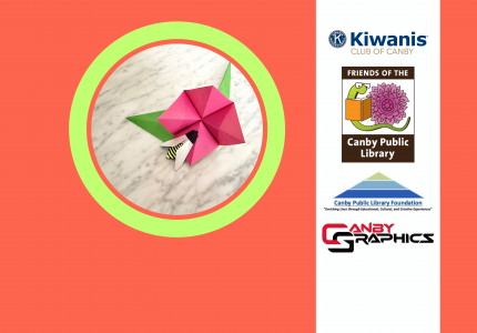 Image of origami flower and bee and support group logos.