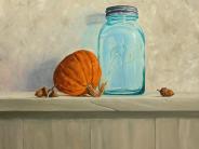orange pumpkin, blue jar, acorn