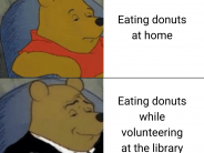 A fancy Winnie the Pooh meme advertising volunteer day at the library.