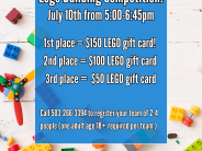 white background with colorful LEGO scattered blue square reads building competition prizes: $150, $100, $50 gift cards