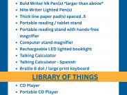 List of in-library use assistive tools and library of things collection items for patron checkout