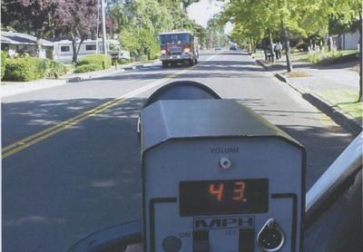 Radar speed gun measuring the speed of a Beaverton fire truck