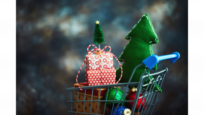 Shopping cart with tree and gifts