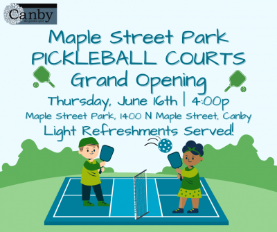 Maple street pickle ball announcement with people playing pickle ball 