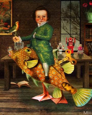 Boy sitting on fish