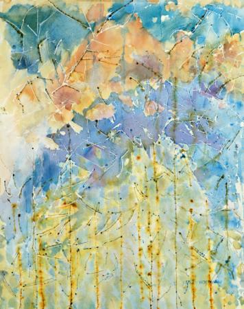 abstract painting in blue and yellow