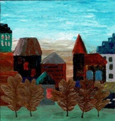 city scape, houses, trees