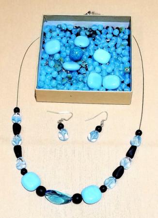 blue glass bead necklace and earrings