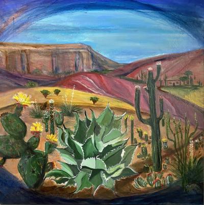 blue sky, cacti, mountain