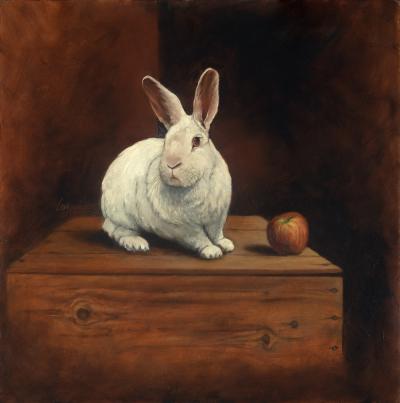 white rabbit, apple, brown box