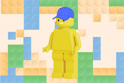 Lego themed background with minifigure wearing a blue cap