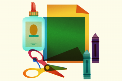 picture of glue bottle, scissors, paper, and crayons