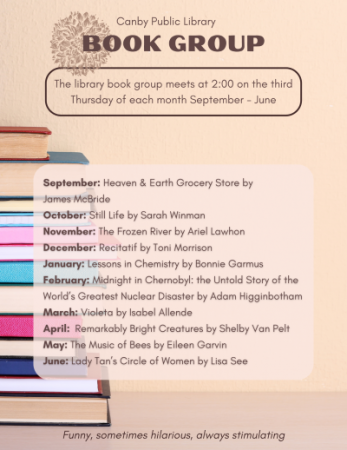 image colorful stack of books text library group meets at 2:00 the 3rd thursday of each month with list of titles for the year