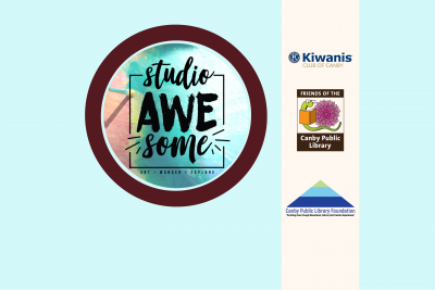 Image of a Tiny Art Canvas and Paint Brushes Canby Kiwanis Logo, Friends of the Library Logo, Library Foundation Logo