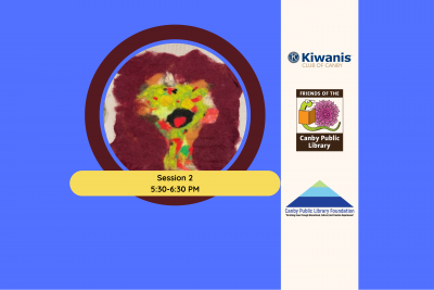 Felt wet felt portrait and Canby Kiwanis Logo, Friends of the Library Logo, Library Foundation Logo
