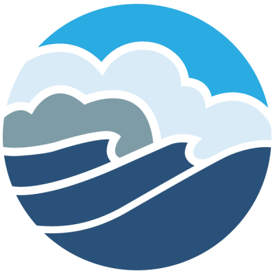 image oregon coast aquarium logo dark blue waves, gray clouds, and bright blue sky