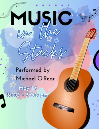 image sea green background with blue purple and pink cloud and musical insignia in background and guitar in foreground
