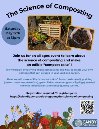 Flyer introducing presentation about the science of composting with an image of a compost bin and an image of hands holding soil