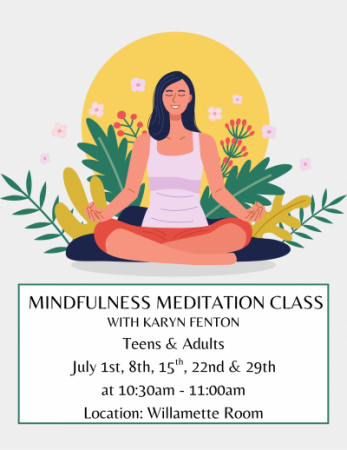 image woman with eye closed meditating and surrounded by green plants and flowers