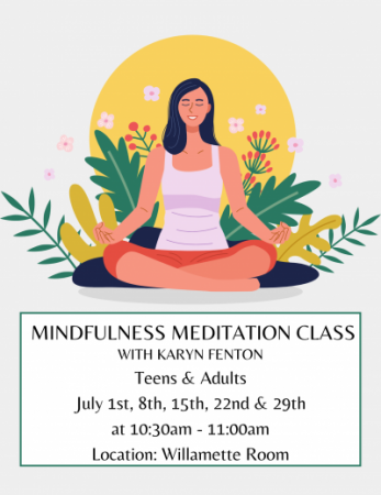 image woman with eyes closed meditating and surrounded by green plants and flowers