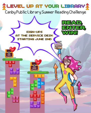 image female superhero hoisting books into the air next to two platforms with tetris-like bricks