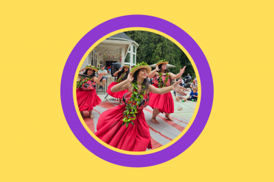 image group in bright red clothing dances