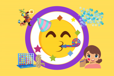 image bright yellow background with celebrating emoji bubbles penguin with snow cone and games