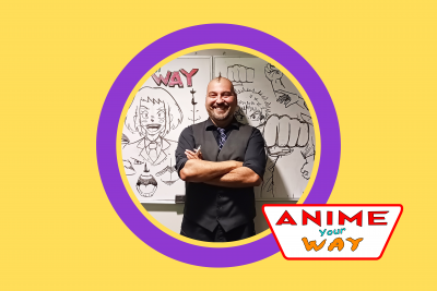 image smiling man standing in front of large anime background