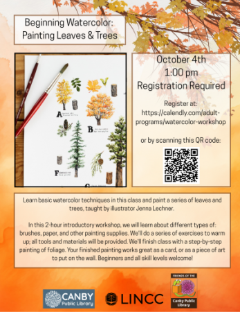 orange background with tree branches featuring a photo of two paint brushes at the edge of a canvas with painted trees